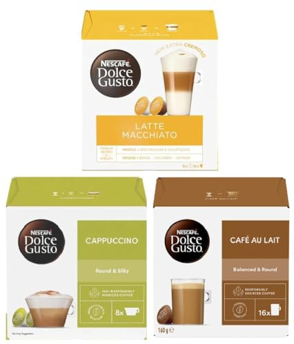 NESCAFÉ DOLCE GUSTO Variety Pack Coffee Pods (Pack of 3, Total 48 Capsules) – Cappuccino, Latte Macchiato & Café Au Lait