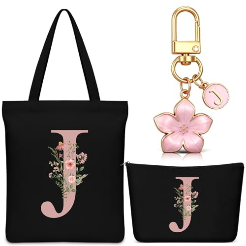 Hestya 3er Set Geschenke für Frauen 1 Personalisierte Canvas Tragetasche mit Initiale 1 Kosmetiktasche Brief Namen 1 Schlüsselanhänger für Freundin Kollegin Geburtstag Hochzeit