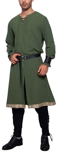 Odizli Mittelalter Kleidung Herren Wikinger Langarm Stickerei Tunika Lang Hemd + Armbänder + Gürtel