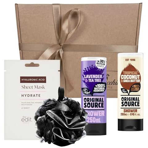 Gracehill Gifts Shower Gel Gift Set for Her – Original Source Lavender & Tee Tree and Tropical Coconut & Shea Butter (250ml), Shower Puff + Hyaluronic Acid Face Mask – Pamper Set for Teens & Women
