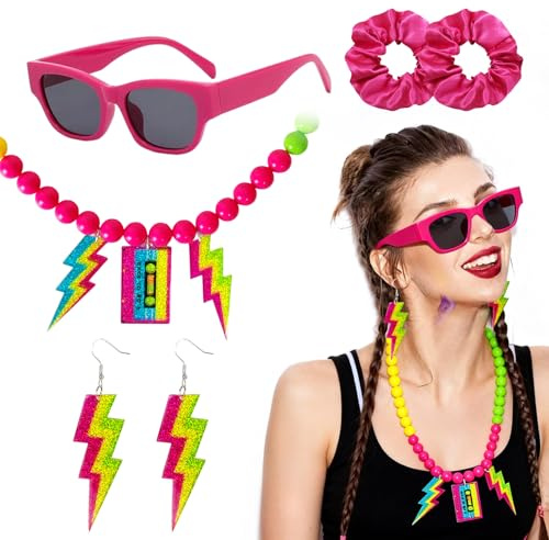 Eopvttge 4 Stück 80er 90er Jahre Outfit Damen Neon Accessoires, Fasching Hippie Accessoires Damen, Haarreifen Brille Blitz Ohrringe und Halskette, für 80er Jahre Outfit Mottoparty Fasching Disco