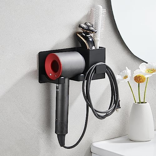 DUFU Haartrocknerhalter, Haartrocknerhalterung für die Wand, Aluminium Selbstklebender Glätteisenhalter mit Kabelmanagement zur Wandmontage, Föhn Halterung für Bad Barbershop Hotel, Schwarz