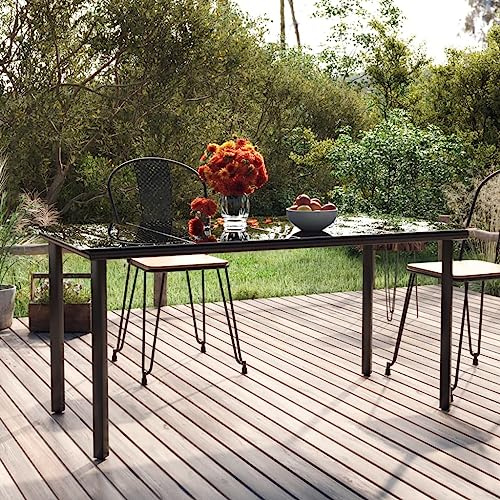 Mandloder Table à manger de jardin noire 160 x 80 x 74 cm, cadre en acier revêtu par pulvérisation, plateau en verre trempé, table d'extérieur robuste pour terrasse, balcon, ensemble de meubles de