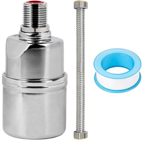 DBREAKS 1/2 Zoll Automatisches Schwimmerventil 304 Edelstahl Oberer Einlass | Wasserstandsregelventil für Wassertank Pool Wasserstandsregelung, mit 30cm Wellrohr und Wasserhahn-Dichtungsband