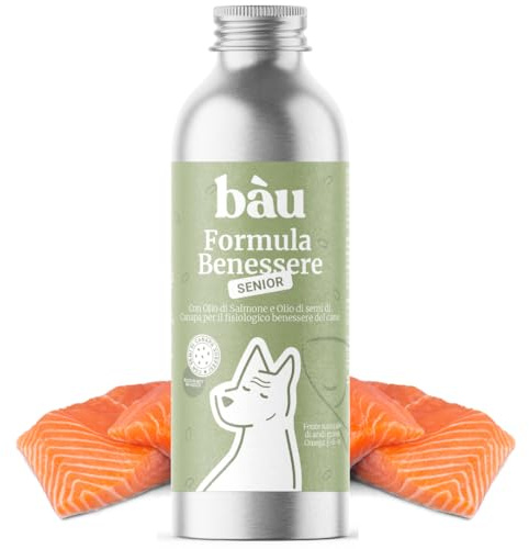 Bau Olio di Salmone per Cani Senior con Omega 3-6-9 e Semi di Canapa, Supporto Sistema Immunitario e Articolazioni Cane Anziano con Antiossidanti, Migliora il Pelo e la Pelle