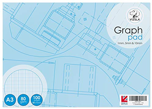 Vizsla, A3 Graph pad, 50 Sheets (100 Pages) 1mm, 5mm, 10mm Graph Paper