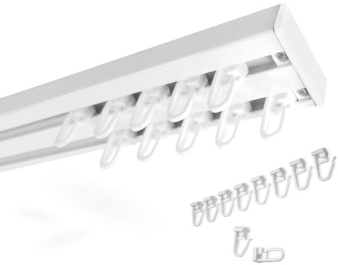 Rollmayer ALU Gardinenschiene 2-läufig 520cm - mit Faltenlegehaken | Zur Deckenbefestigung für Gardinen Vorhänge und Schiebevorhänge als stabile Aluminium Vorhangschiene in glänzend Weiß