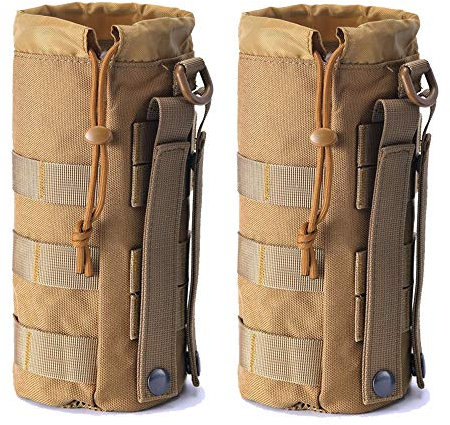 Upgraded Sports Water Bottles Pouch Bag, Tactical Drawstring Molle Water Bottle Holder Tactical Pouches, Travel Mesh Water Bottle Bag Tactical Hydration Carrier (Tan-2Pack)