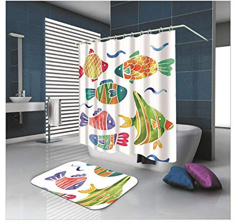 Daesar Badematte Waschbar 40x60 Karikatur Bunte Fische Bad Vorhang für Badezimmer 180x180 cm, Badematte und WC Vorleger Set