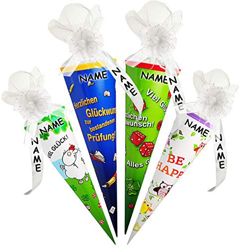 Schultüte - Viel Glück/Alles Gute/Herzlichen Glückwunsch - Prüfung - 50 cm - rund - incl. Name und individueller Schleife - Tüllabschluß - Zuckertüte - mi..