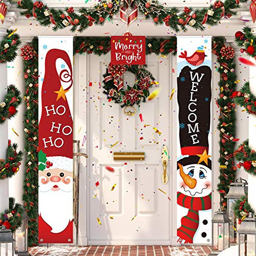 Sumind 3 Pieces Christmas Door Banner Decorations, Merry Christmas Xmas Welcome Porch Sign Santa Snowman Claus Outside Banner Hanging Decor for Christmas Winter Yard Garage Holiday Party Wall Supply