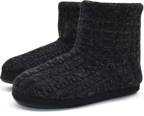 KuaiLu Herren Wolle Hausschuhe Stricken Künstliche Warme Indoor Stiefel rutschfest Alles Schwarz 42 EU