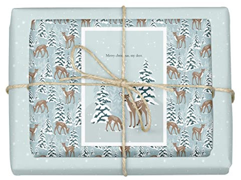 dabelino® Geschenkpapier Weihnachten Rehe/Rehkitz für Kinder: 4x Bögen + 1x Weihnachtskarte mit Hirsch-Kuh Set (umweltfreundlich, nachhaltig, öko, Recycling)
