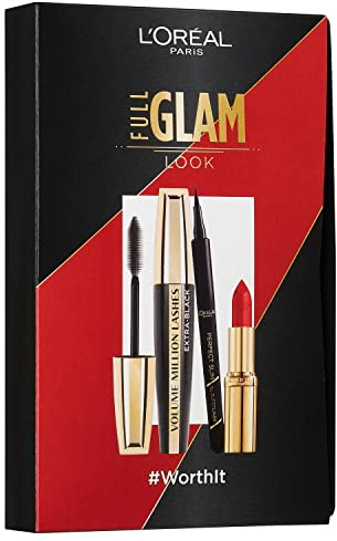 L'Oréal Paris Make-up Set mit Wimperntusche, Eyeliner und Lippenstift, Volume Million Lashes Mascara (schwarz), Color Riche Lippenstift (rot), Superliner Perfect Slim (schwarz), 3-teilig