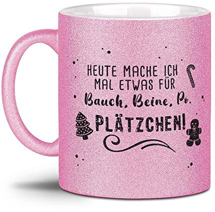 Tassendruck Glitzertasse mit Spruch - Bauch, Beine, Po & Plätzchen! - Weihnachts-Tasse, Weihnachts Geschenk Familie, Freunde, Glitter, Weihnachten - Hochwertige Keramik, Rosa, 300 ml