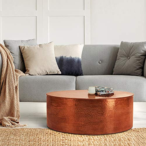 WOMO-DESIGN Couchtisch rund Ø 76x32 cm, Kupfer, Unikat, handgefertigt aus Aluminium, Hammerschlag Design, Metall Sofatisch, Wohnzimmer Beistelltisch, Flacher Wohnzimmertisch, Orient Loungetisch Tisch