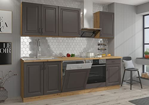 Kuechen-preisbombe Küche Stilo Grau + Eiche Artisan 250 cm Küchenzeile Küchenblock Einbauküche