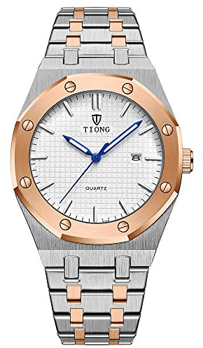 Tiong Mode Lässige Herrenuhr Großes Zifferblatt Gitter Roségold Silber Edelstahl Kalender Herren Business Quarzuhr wasserdichte Herrenuhr,Vatertagsgeschenk
