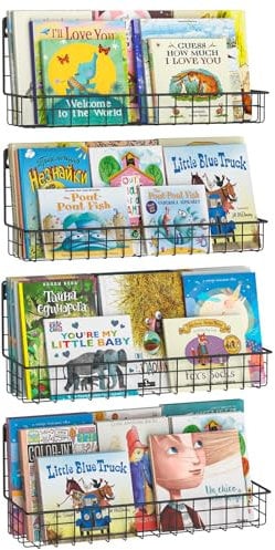 Estantería de metal para niños, para colgar en la pared, estantes flotantes para libros para niños, guardería, aula, organizador de libros colgante para decoración de habitación, negro, juego de 4