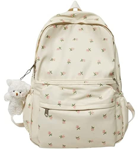NOPEILVI Blume Rucksack mit Bärenanhänger, großer Schultaschenbuchbeilung süßer Daypack (weiß).