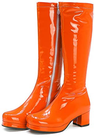 ORANDESIGNE Stiefel aus Lackleder Damen Lederstiefel Kalbsstiefel Lange Stiefel Langschaftstiefel Kniehoch Stiefel Blockabsatz Runde Zehenstiefel Sexy Zip Herbst Winter B Orange 38 EU
