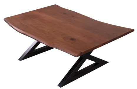 SAM Couchtisch Quintus 120x80 cm Akazie nussbaum geschlossenes X-Gestell | Baumkantentisch massiv, Akazienholz nussbaumfarben, echte Baumkante, massiver Sofatisch, Metallgestell Schwarz