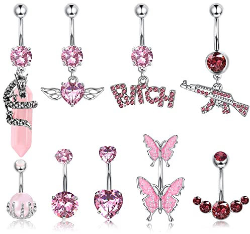 Kakonia 9 Stück Bauchnabelpiercing für Damen,14G Edelshtahl Bauchnabel Piercing Schmuck, Dangling Rosa CZ Gebogene Nabel Ringe Barbell Body Piercing Schmuck