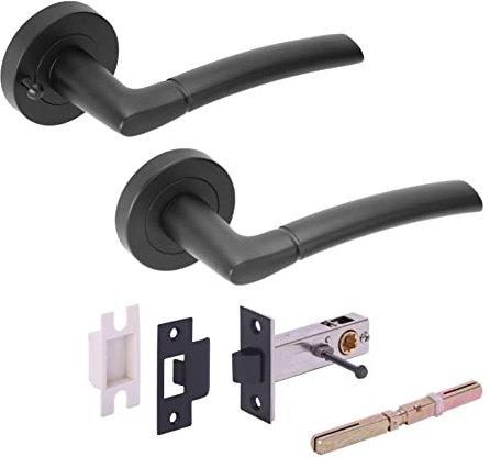 Hunta HANDLEZONE® Neemo Privacy Lever On Round Rose Door Handles, with Privacy Latch, for Bathroom, Toilet, WC Doors, 1 Set - Black Matt