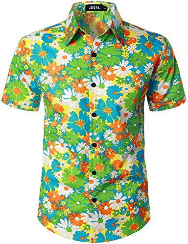 JOGAL Mens Flowers Hawaiian Shirts Short Sleeve Casual Button Down Beach Shirt Yellow Daisy Large