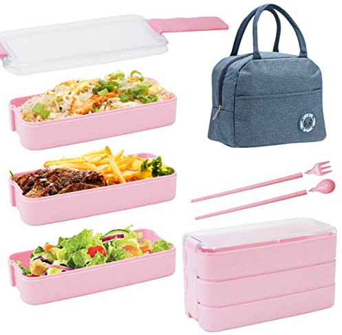 UptVin Bento Box, 3-lagig, 900 ml, Bento Lunchbox mit 2 Besteck, 1Tragetasche, Bento Box, Geeignet für Erwachsene, Kinder, für Schule, Arbeit, Picknick, Reise geschichtete Lunchbox (Rosa)