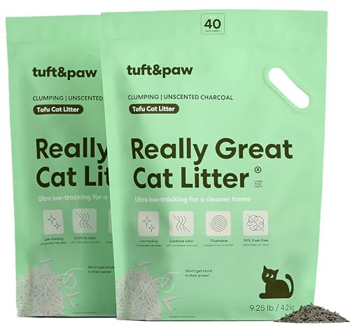 Tuft & Paw Really Great Cat Litter, Ultra Low Tracking Tofu Cat Litter, Clumping, Flushable, Odor Control, Dust-Free, Unscented - 9.25lbs x 2Bags (Charcoal)