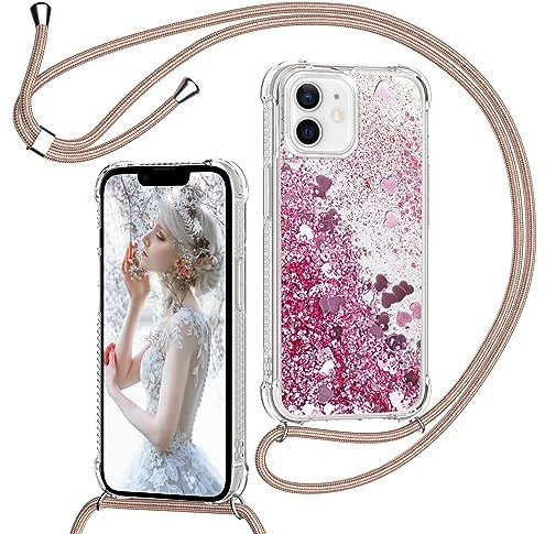 TUUTPU Handyband für iPhone 11 6,1'' Hülle mit Band, Glitzer Treibsand Handyhülle mit Kordel zum Umhängen Transparent Stoßfest Schutzhülle mit Kette Schnur, Quicksand Necklace Case in Rosa