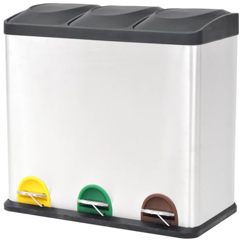 GuyAna Recycling Kitchen Pedal Bin with Lid Lock, Silent Soft Close Lid, Built In Wheels, Stay-Open Lid,Recycling Pedal Bin Garbage Trash Bin Stainless Steel 54 L