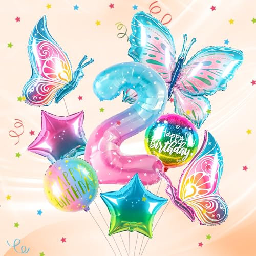 ballon 2 Jahre Schmetterling Geburtstag Deko zahlen luftballon 2 jahre | Bunt Schmetterlinge Geburtstagsdeko Folienballon - für 2. Geburtstag Mädchen Deko - fliegt mit Helium