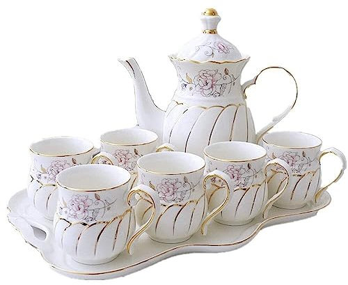 Teeservice, Kaffee- und Teeservice aus glasiertem Porzellan mit Goldverzierung, 6-teiligen Tassen und Tablett, 8-teiliges Nachmittagstee-Geschirr, Kaffeeservice, Tassen- und Untertassen-Sets /2134