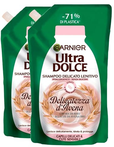 Garnier Ultra süßes mildes Shampoo für sanftes und hypoallergenes Haar für empfindliches Haar und empfindliche Haut, Hafermilch mit Reiscreme aus Hafermilch, natürlich, feuchtigkeitsspendend, 2 Beutel