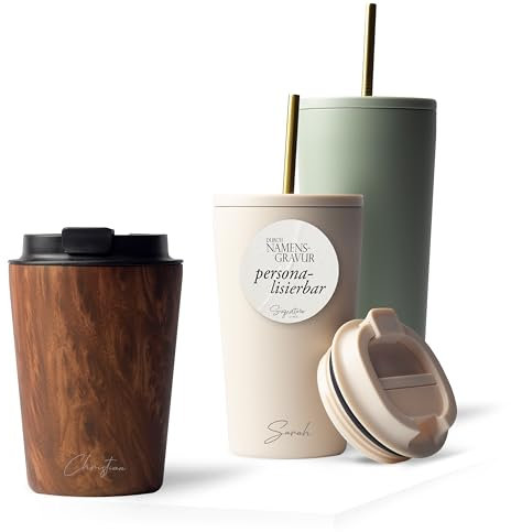 MAMEIDO Thermobecher personalisiert 350ml - Kaffeebecher to go mit Namen aus Edelstahl doppelwandig isoliert, auslaufsicher - Namensgravur als personalisiertes Geschenk (Oak Wood, 0,35l)
