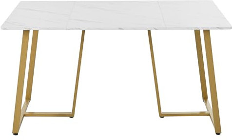 Merax Table à manger (1 pièce) - Table de cuisine moderne - Structure en métal - Table à manger rectangulaire en marbre moderne avec pieds réglables - Pour salle à manger, salon - Blanc/doré