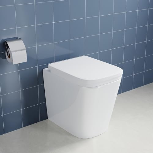 ELEGANT Close Coupled Toilet With Soft Close Seat, Modern Bathroom Ceramic Unit, High Gloss White, Wide Shape Square Pan Seat