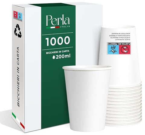 Perla - 1000 Bicchieri di Carta da 200 ml - Bicchiere Monouso Biodegradabile Ecologico - Adatto per Bevande Fredde e Calde - Bicchieri per Acqua usa e getta (Bianco)