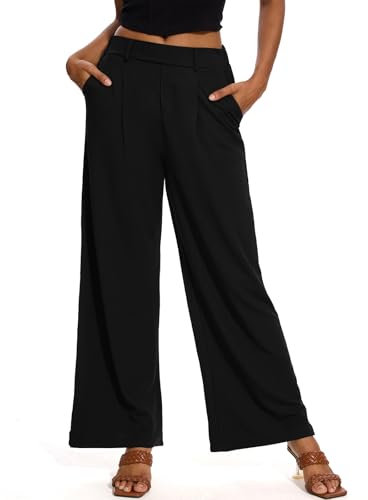 M MOTEEPI Hosen Damen Weite Hose Schwarz Palazzo Hose Stoffhose Elegant Freizeithose Weites Bein Damen mit elastischem Bund Business M