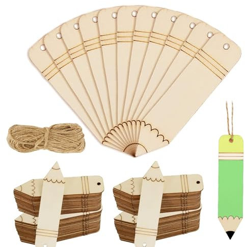 50 Stück Holz Blanko Lesezeichen mit 25 m Langem Seil,Lesezeichen Kinder Buntstiftform Holzscheiben für DIY Handwerk Geschenke Tag Party Handgefertigte Dekoration Personalisiert Bastelbedarf,12 * 3cm