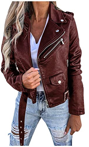 KHIRVWL Giacca Bomber di Pelle Donna Giubbotto Chiodo Donna Ecopelle Giubbino Corto Giacchetta Casual Biker Motociclista Leggera Comoda Giacca Invernale da Moto da Donna in Ecopelle