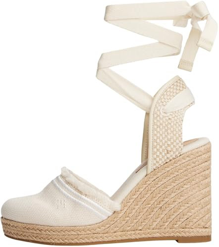 Tommy Hilfiger Alpargatas con cuña Mujer Fringe Canvas con tacón de cuña, Marfil (Muslin), 39