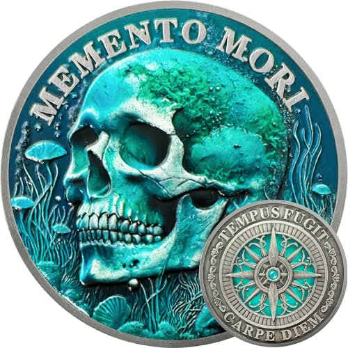 Memento Mori Münze – Tempus Fugit Carpe Diem Totenkopf Herausforderungs Münze mit Kompass-Design, Antike Gedenk Münze und Erinnerungsmedaille zur Reflexion über Vergänglichkeit für Damen und Männer