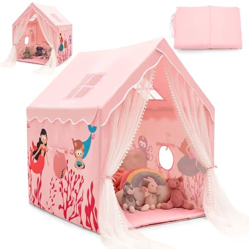 HOMASIS Kinderzelt für Indoor, Spielhaus mit gepolsterter Matte & 4 Fenstern & Vorhang, Kinder Spielzelt Prinzessin Kinderspielzelt für Mädchen & Jungen ab 1 Jahr, Kinderspielhaus Bettzelt (Rosa)