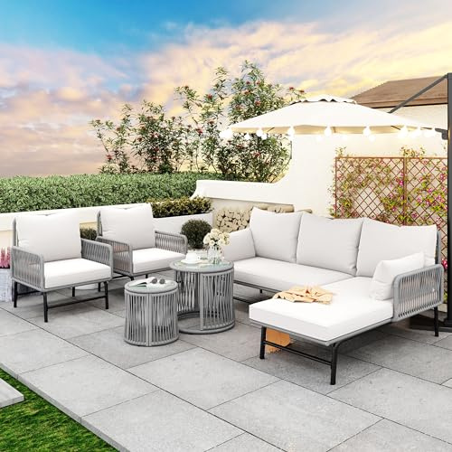 Zepneiy Gartenliege-Set, Gartenmöbel, geflochten, für den Außenbereich, mit zwei Sesseln, zwei Liegestühlen und zwei Tischen, graues Seil (alle Kissen im Lieferumfang enthalten)