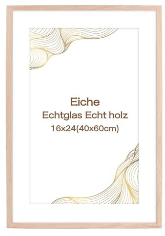 kollyseek Bilderrahmen 40x60cm Eiche Echtholz Echtglas mit Passepartout Natürlicher hölzerner Rahmen Echtglas Eiche Posterrahmen Große Collage (Eicheholz)