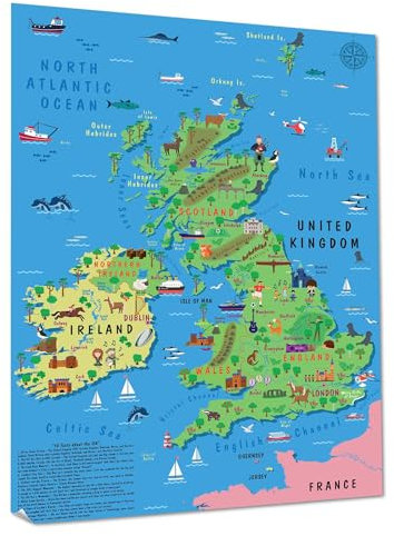Wandposter für Kinder, Vereinigtes Königreich und Irland, großes A1, illustrierte UK-Karte für Kinder, Großbritannien