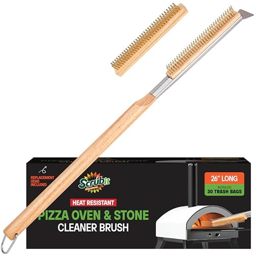 SCRUBIT 26 Pizza Oven Brush with Scraper, Heat Resistant - Stainless-Steel 2-in-1 Pizza Stone Brush with Pizza Stone Cleaner, Includes 2 Brush Heads and 30 Waste Bags - Works with Ooni Pizza Oven